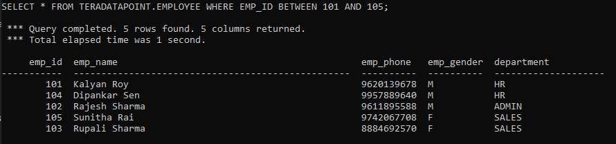 teradata between