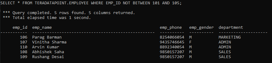 teradata not between